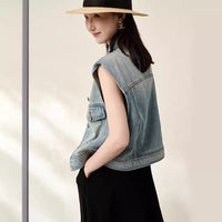 Retro Distressed Shoulder-Padded Denim Waistcoat Women's Irregular Jacket