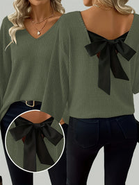 Contrast-color Satin Ribbon Bow Backless Drop-shoulder Long-sleeve Top