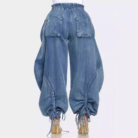 Rope Adjustable Elastic Waist Drawstring Lace-up Ankle-tied Bow Loose Jeans