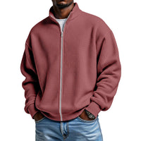 Mens Minimalist Solid-Color Waffle-Weave Stand-Up Collar Zip-Up Jacket