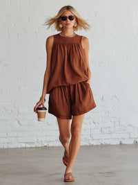 Cotton-linen Sleeveless Top And Wide-leg Shorts Set