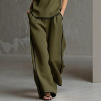Sleeveless V-Neck Black Trim Contrast Color Simple Womens Top And Wide-Leg Pants Set