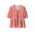 Women's New Fashion Viscose Wrinkle Print Short Sleeve Embroidered Shirt