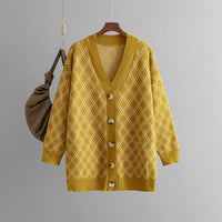 V-neck Cardigan Sweater Casual Loose Diamond Plaid Sweater Coat