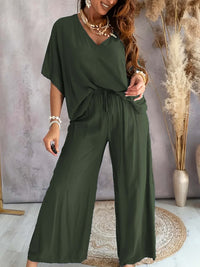 V-neck Batwing-sleeve Top And Loose Wide-leg Pants Solid-color Casual Womens Set
