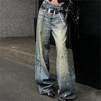Splashed Ink-stained Jeans Female Chain Pendant Print Floor-dragging Pants