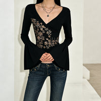 Womens Retro American-Style Printed V-Neck Flare-Sleeve Shirt
