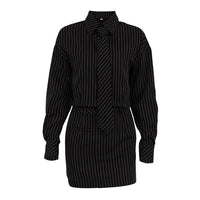 Striped Long Sleeve Tie Shirt Outfit Package Hip Skirt Two-piece Set