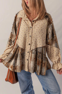 Women's Distressed Detail Ruffle Sleeve Plaid Shirt