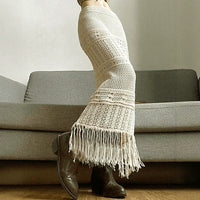Womens Knitted Skirt With Hollowed-Out Design Tassel Trim And Solid Color