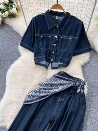 Womens Single-Breasted Short Denim Jacket And Wide-Leg Pants Set