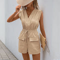 Jumpsuit Tied V-neck Solid Color One-piece Shorts