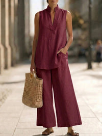 Women's Sleeveless V-Neck Casual Cotton And Linen Set