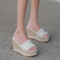 Hemp Rope Rhinestone Sponge Cake One-line Slippers For Women