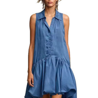 Single- Breasted Shirt Collar Ruffled Dress