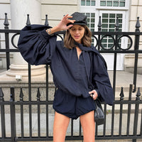 Blue Loose-fit Puffed-sleeve Shirt And Denim Shorts Set