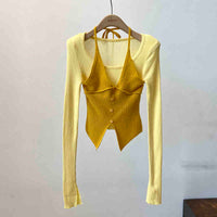 Halter False Two-piece Patchwork Long Sleeve Knitwear T-shirt Top