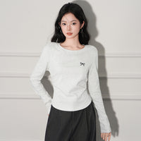 Regular Shoulder Round Neck Pleated Embroidery Long Sleeve Base Shirt