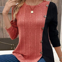 Solid Color Round Neck Sunken Stripe Brushed Slit Contrast Color Fashion Buttons