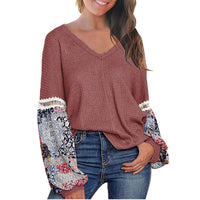 New European And American Autumn And Winter V-neck Waffle Loose Printed Long-sleeved T-shirt