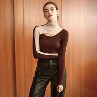 Womens Color-Block Mock Neck Hollow-Out Chic Defined-Waist Base Top