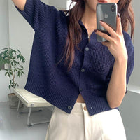 Draping Lapel Cardigan Sweater Solid Color Sweater With Short Sleeves