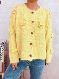 Three-dimensional Flower Cutout Knitted Coat Round Neck Cute Sweater