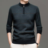 Mens Stylish Plaid Half-zip Knit Sweater