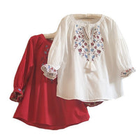 Womens Embroidered Lace-Trimmed Collar Puff-Sleeve TopBlouse