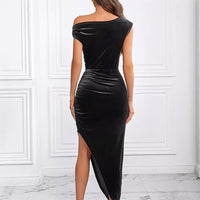 Womens Elegant One-Shoulder Irregular Suede Dress