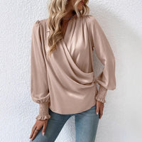 V-neck Pleated Lantern-sleeve Solid-color Blouse For Womenelegant And Professional