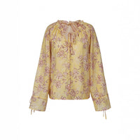 Vacation-ready V-neck Flared-sleeve Printed Loose-fit Blouse