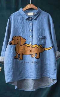 Women's Retro Fish Art Print Lapel Long Sleeve Shirt