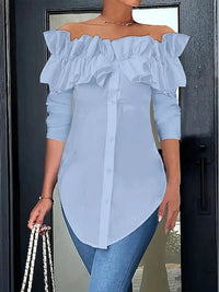 Simple Solid-Color Off-the-Shoulder Ruffle-Trim Shirt Top