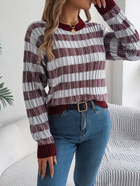 Women Round Neck Retro Stripe Lantern Sleeve Long Sleeve Pullover Sweater