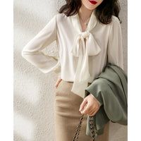 Womens Solid-Color Casual Loose Shirt With Ribbons