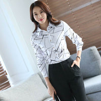 Spring And Autumn White With Printed Pattern Striped Shirt Women's Long-sleeved Slim-fit Printed Women's