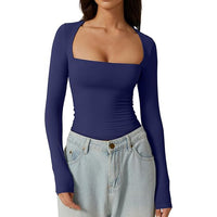 Women's Square Neck Autumn Top Long Sleeve Slim Fit Pullover Milk Silk T-shirt Elegant