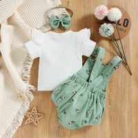 New Sunken Stripe Flounced Sleeve Floral Corduroy Suspender Pants Hair Band Three-piece Suit