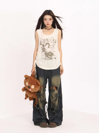 Ripped Love Lace-up Jeans Women's High Waist Straight Wide Leg Pants