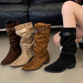 Western Cowboy Mid-calf Thick Heel Pointed Toe High Fold Stack Boots