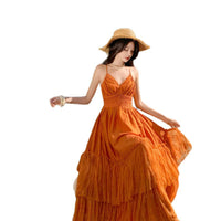 Orange Lace Panel Sexy Backless Dress