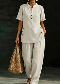 Womens Comfortable Linen Two-Piece Set Button-Up Shirt And Wide-Leg Pants