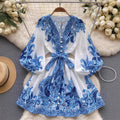 Summer Fashion Mid-Sleeve Lace-Up Floral Dress