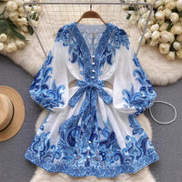 Summer Fashion Mid-Sleeve Lace-Up Floral Dress