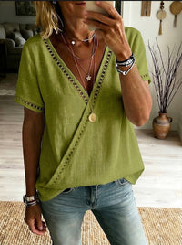 Casual Patchwork Hollow-Out Lace V-Neck Short-Sleeve Top