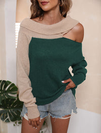 European And American Sexy Shoulder-baring Sweater Irregular Lapel Color Contrast Patchwork