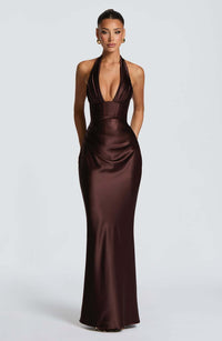 Neck-hanging Deep V-neck Pleated Lace-up Sexy Off-shoulder Slim-fit Long Dress