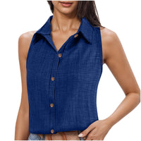 Lapel Cotton Linen Button Sleeveless Shirt Women's Clothing
