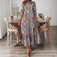 Womens Printed Casual Short-Sleeve V-Neck Tasseled Stand-Up Collar Long Dress